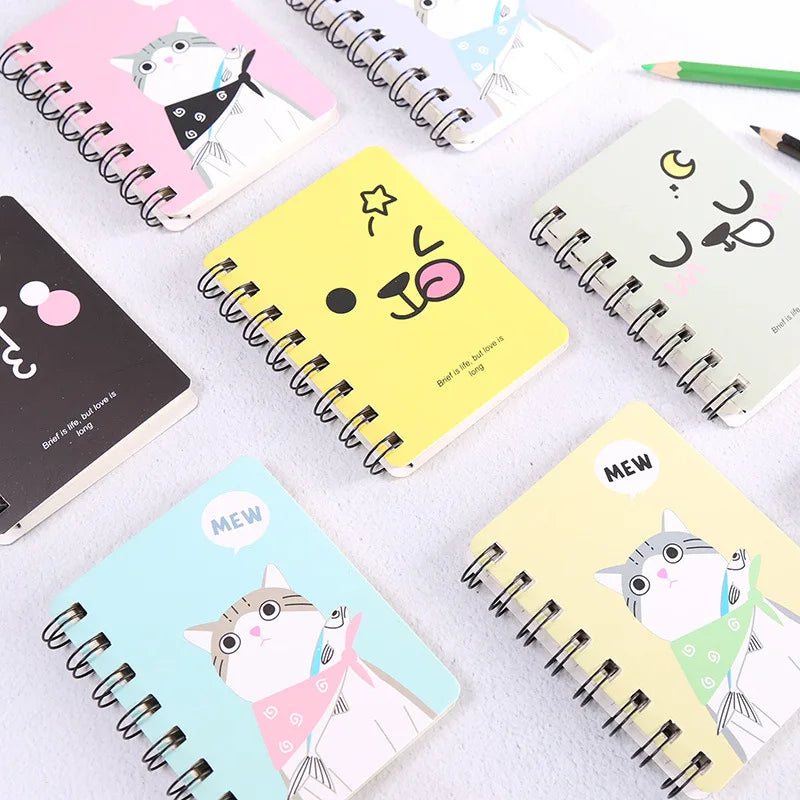 A7 Mini Spiral Notebook Cartoon Cat Notepad Kawaii Personal Diary Planner Horizontal line Notebook School Office Supply 80Sheets