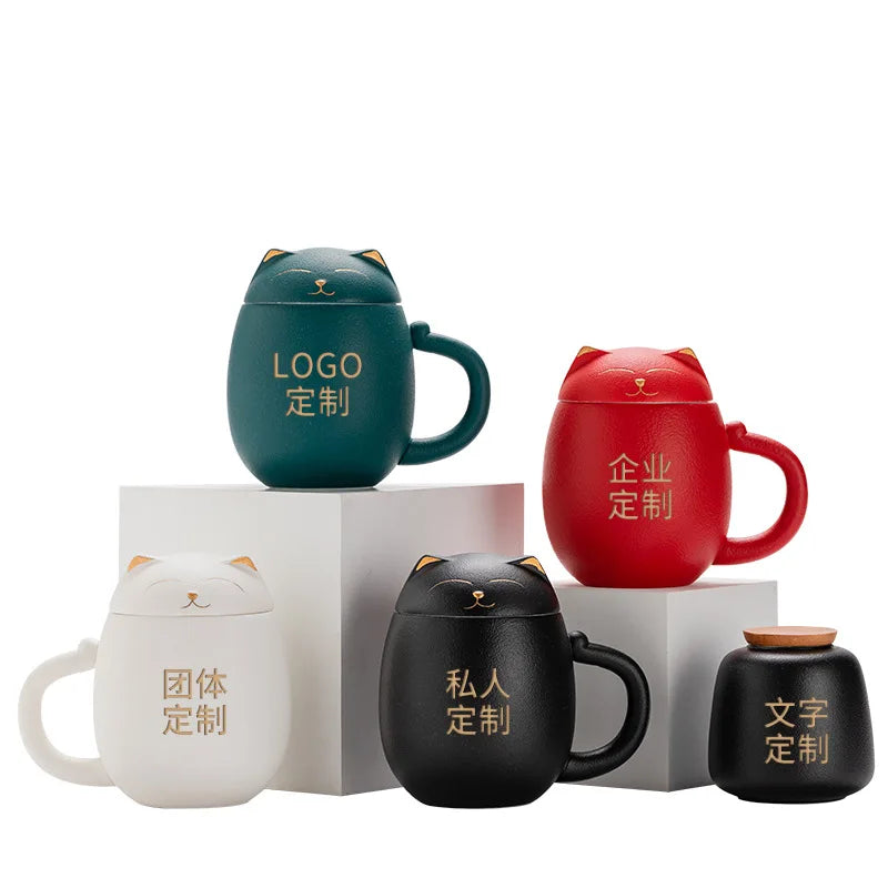 Lucky Cat Ceramic Cup Creative Tea Mug with Lid Office Household Kettle Milk Cups Coffee Mugs Cartoon Custom Gift