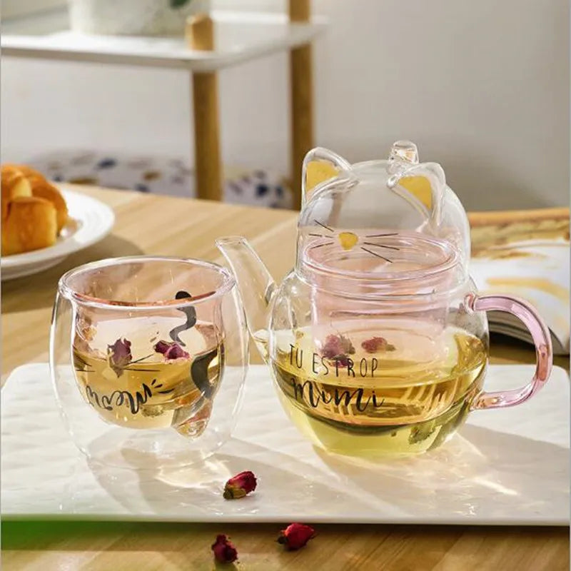 Cute Cat Creative Double Wall Glass Tea Cup Set Teaware Mug Coffee Pot Teapot Gift