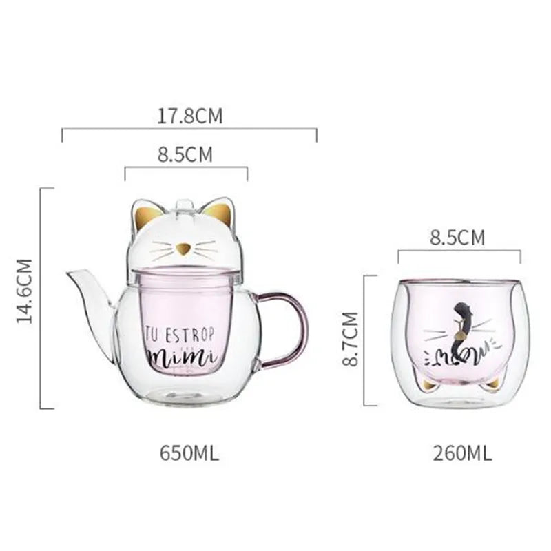 Cute Cat Creative Double Wall Glass Tea Cup Set Teaware Mug Coffee Pot Teapot Gift