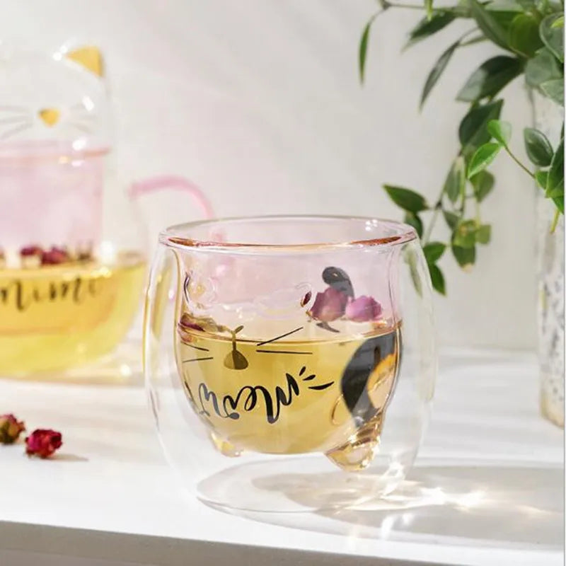 Cute Cat Creative Double Wall Glass Tea Cup Set Teaware Mug Coffee Pot Teapot Gift