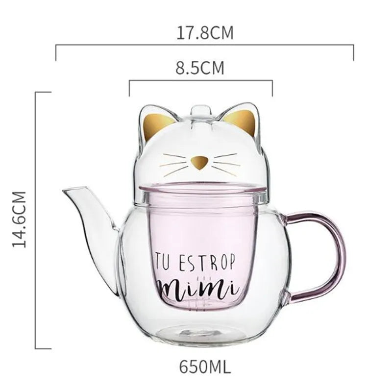 Cute Cat Creative Double Wall Glass Tea Cup Set Teaware Mug Coffee Pot Teapot Gift