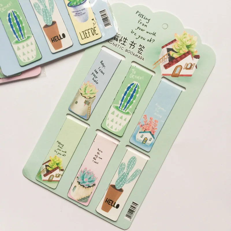 6pcs /Set Kawaii Oreo Cat Cactus Magnetic Bookmarks Books Marker of Page Stationery School Office Supply Paper Clip