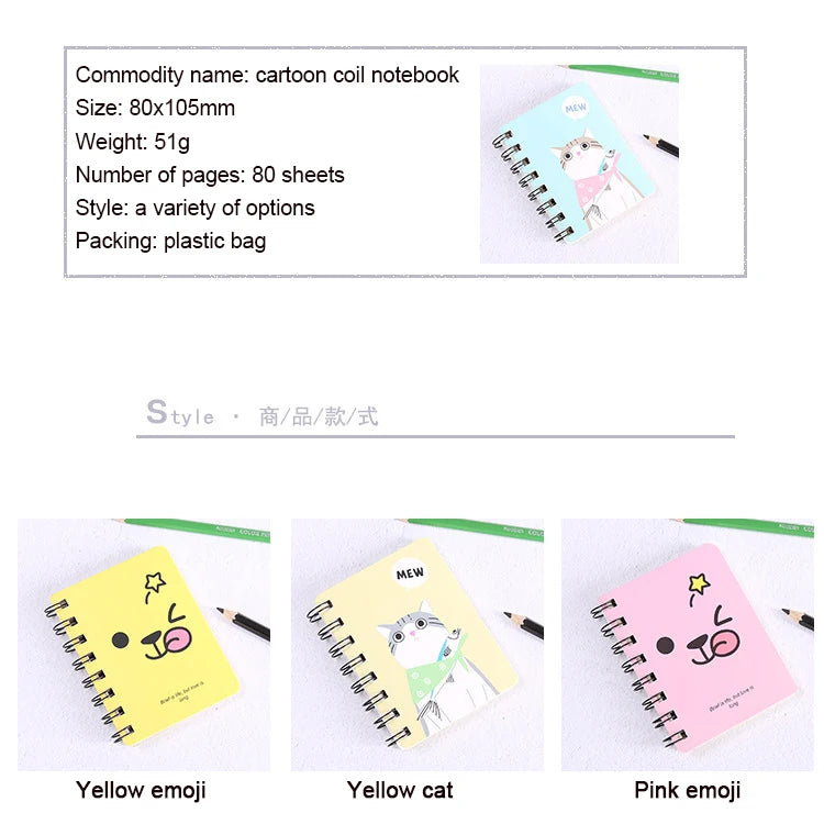 A7 Mini Spiral Notebook Cartoon Cat Notepad Kawaii Personal Diary Planner Horizontal line Notebook School Office Supply 80Sheets