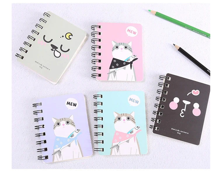 A7 Mini Spiral Notebook Cartoon Cat Notepad Kawaii Personal Diary Planner Horizontal line Notebook School Office Supply 80Sheets