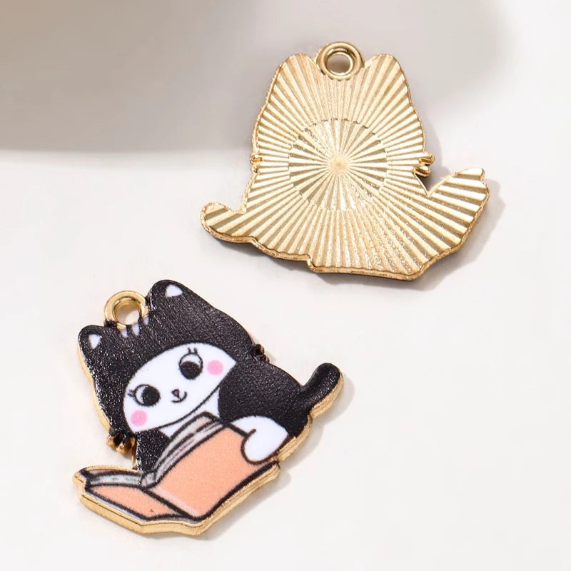 10pcs New Fashion Cute Read Book Cat Enamel Charms Colorful Cartoon Learned Animal Pendants For Making Handmade DIY Jewelry