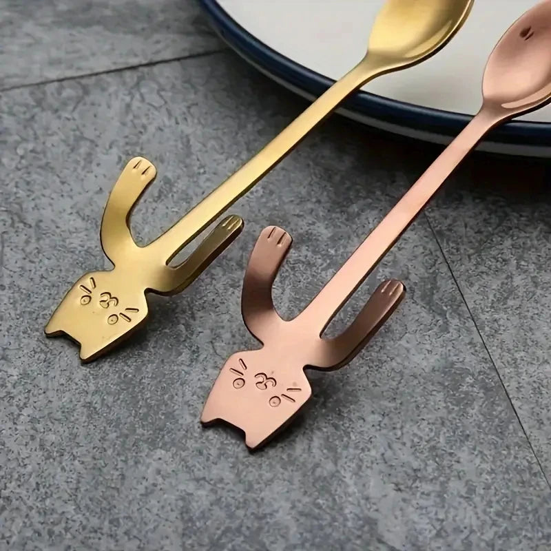 304 Cute Mini Stainless Steel Cat Spoon Creative Cartoon Hanging Cup Coffee Spoon Perfect For Tea, Coffee, Dessert and Ice Cream