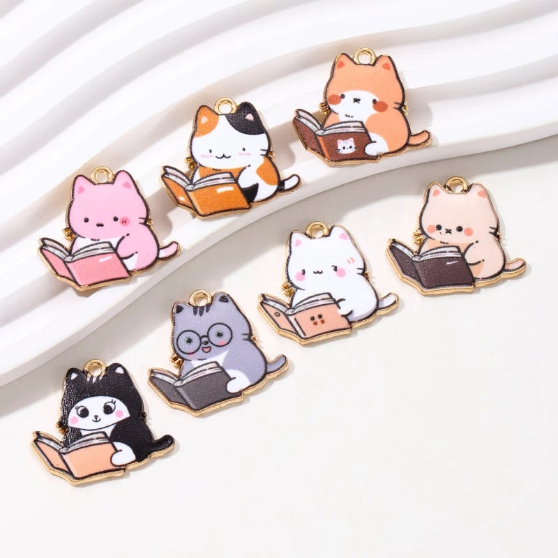 10pcs New Fashion Cute Read Book Cat Enamel Charms Colorful Cartoon Learned Animal Pendants For Making Handmade DIY Jewelry