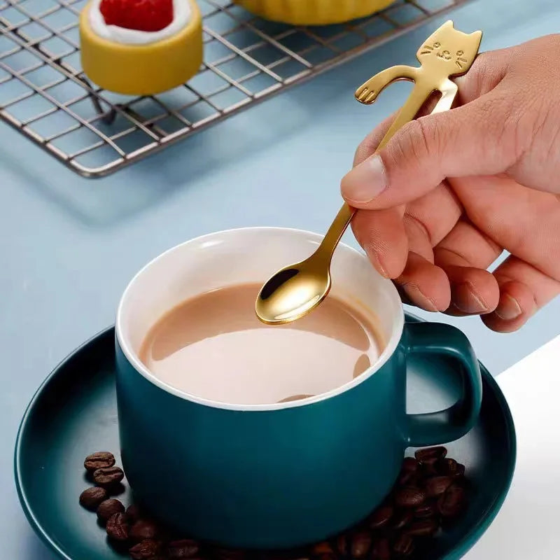 304 Cute Mini Stainless Steel Cat Spoon Creative Cartoon Hanging Cup Coffee Spoon Perfect For Tea, Coffee, Dessert and Ice Cream