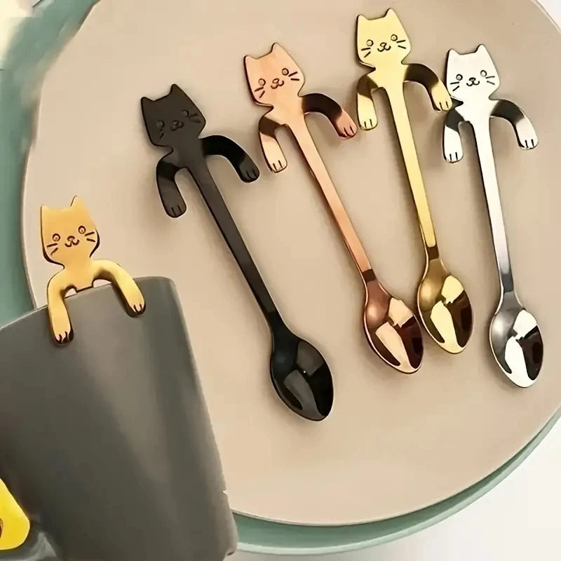 304 Cute Mini Stainless Steel Cat Spoon Creative Cartoon Hanging Cup Coffee Spoon Perfect For Tea, Coffee, Dessert and Ice Cream