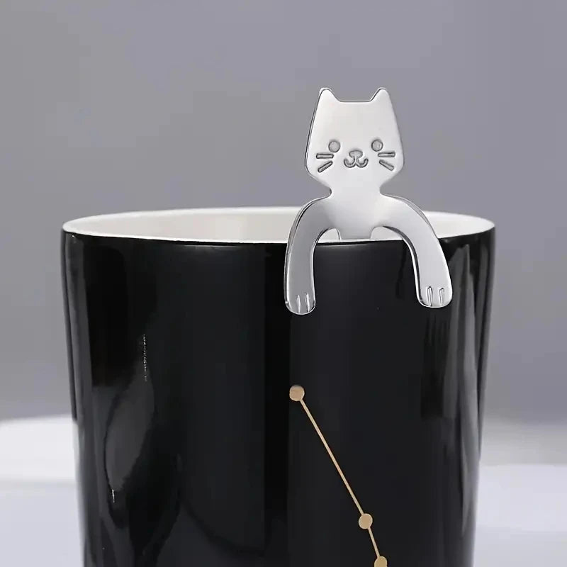 304 Cute Mini Stainless Steel Cat Spoon Creative Cartoon Hanging Cup Coffee Spoon Perfect For Tea, Coffee, Dessert and Ice Cream