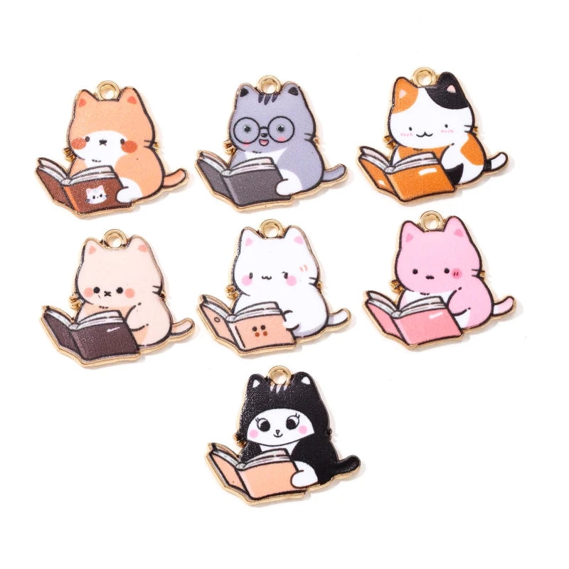 10pcs New Fashion Cute Read Book Cat Enamel Charms Colorful Cartoon Learned Animal Pendants For Making Handmade DIY Jewelry