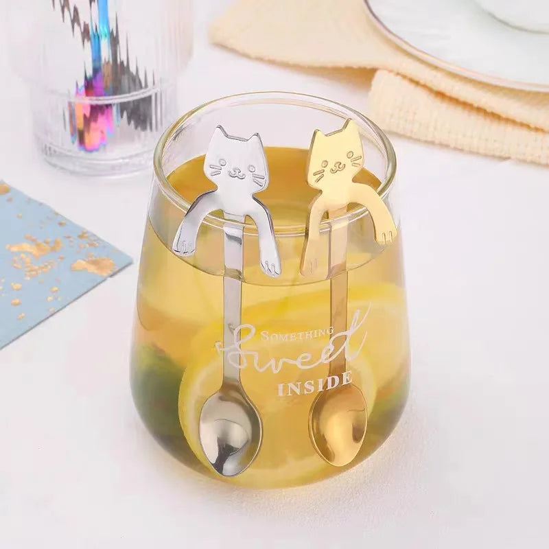 304 Cute Mini Stainless Steel Cat Spoon Creative Cartoon Hanging Cup Coffee Spoon Perfect For Tea, Coffee, Dessert and Ice Cream