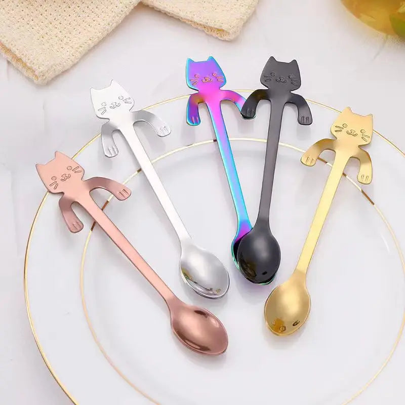 304 Cute Mini Stainless Steel Cat Spoon Creative Cartoon Hanging Cup Coffee Spoon Perfect For Tea, Coffee, Dessert and Ice Cream