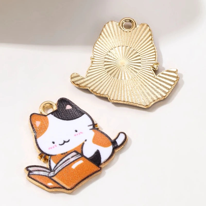 10pcs New Fashion Cute Read Book Cat Enamel Charms Colorful Cartoon Learned Animal Pendants For Making Handmade DIY Jewelry