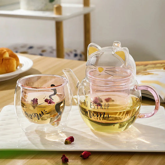 Cute Cat Creative Double Wall Glass Tea Cup Set Teaware Mug Coffee Pot Teapot Gift