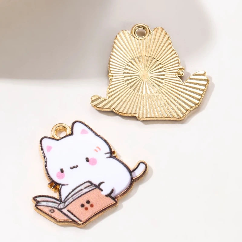 10pcs New Fashion Cute Read Book Cat Enamel Charms Colorful Cartoon Learned Animal Pendants For Making Handmade DIY Jewelry