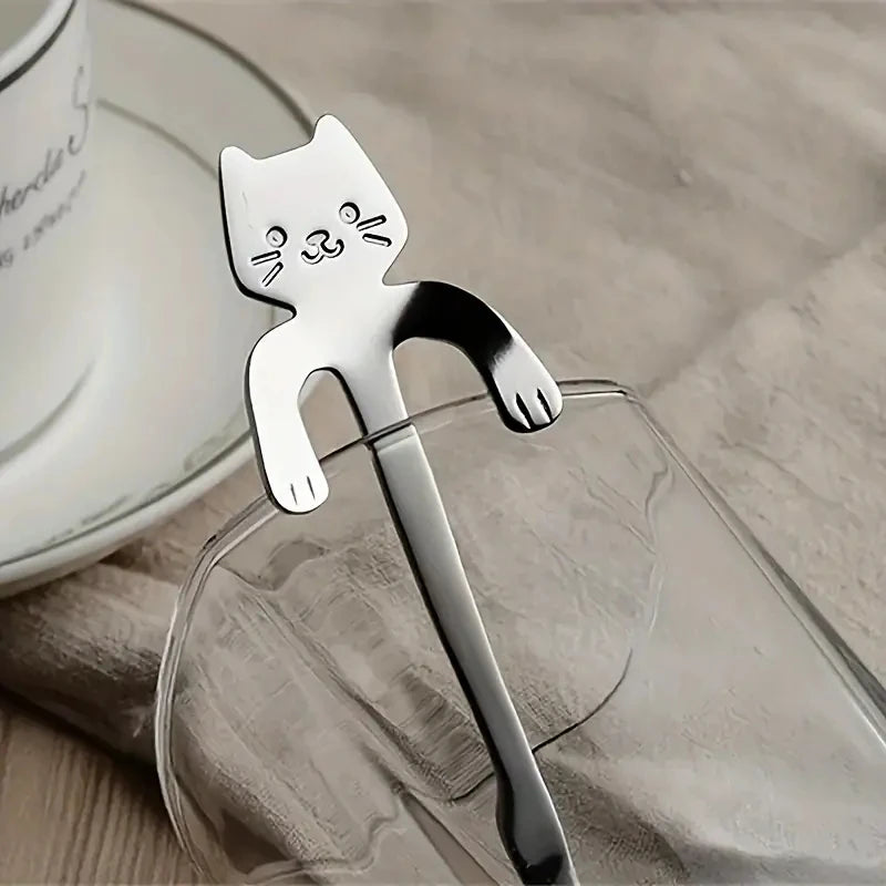 304 Cute Mini Stainless Steel Cat Spoon Creative Cartoon Hanging Cup Coffee Spoon Perfect For Tea, Coffee, Dessert and Ice Cream