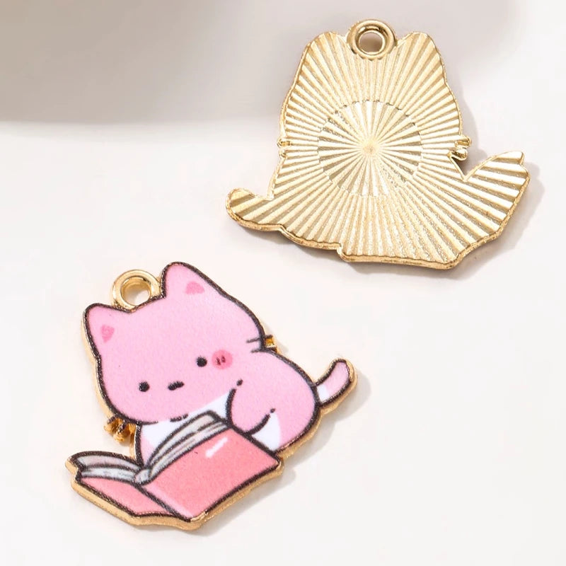 10pcs New Fashion Cute Read Book Cat Enamel Charms Colorful Cartoon Learned Animal Pendants For Making Handmade DIY Jewelry