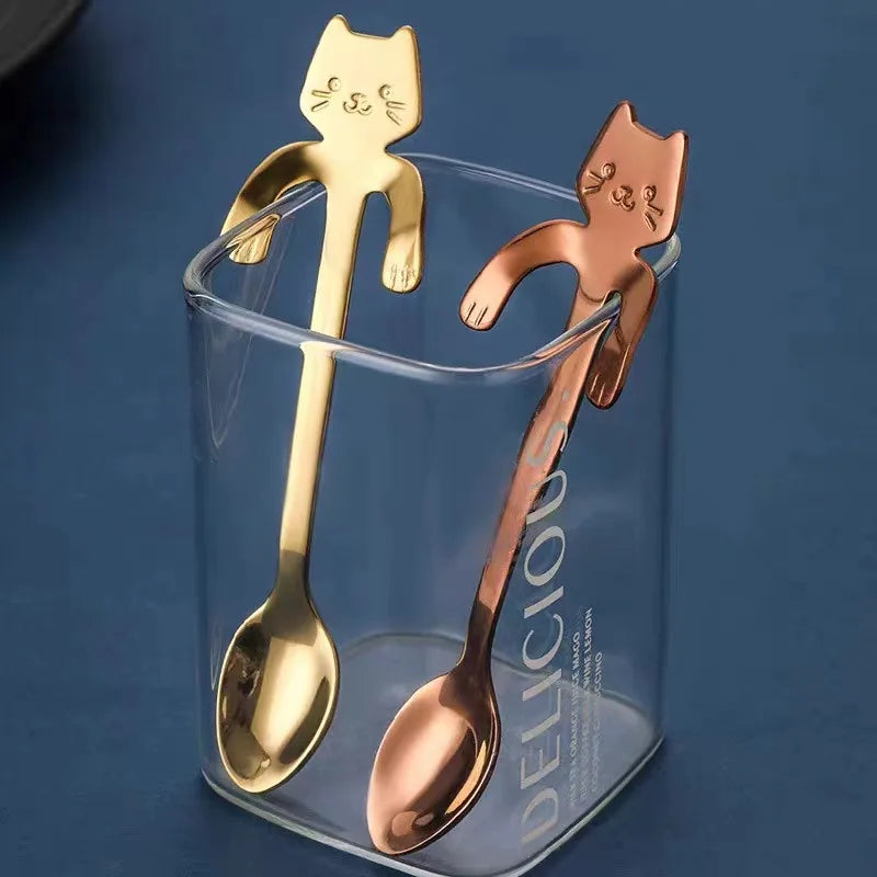 304 Cute Mini Stainless Steel Cat Spoon Creative Cartoon Hanging Cup Coffee Spoon Perfect For Tea, Coffee, Dessert and Ice Cream