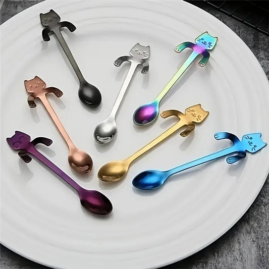 304 Cute Mini Stainless Steel Cat Spoon Creative Cartoon Hanging Cup Coffee Spoon Perfect For Tea, Coffee, Dessert and Ice Cream