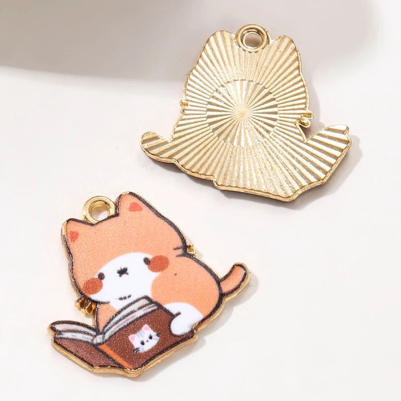 10pcs New Fashion Cute Read Book Cat Enamel Charms Colorful Cartoon Learned Animal Pendants For Making Handmade DIY Jewelry