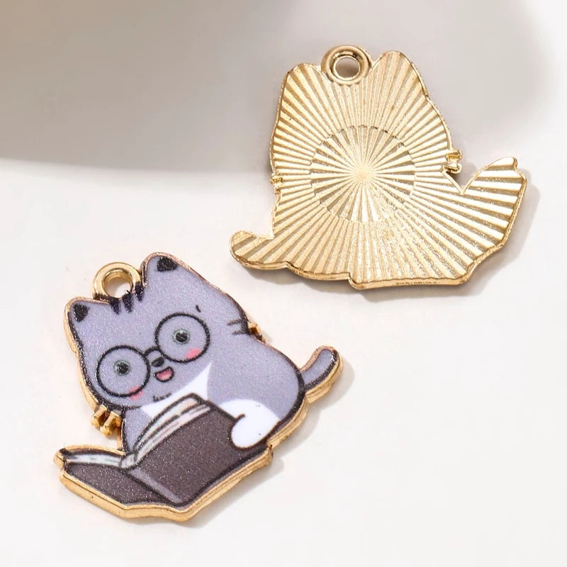 10pcs New Fashion Cute Read Book Cat Enamel Charms Colorful Cartoon Learned Animal Pendants For Making Handmade DIY Jewelry